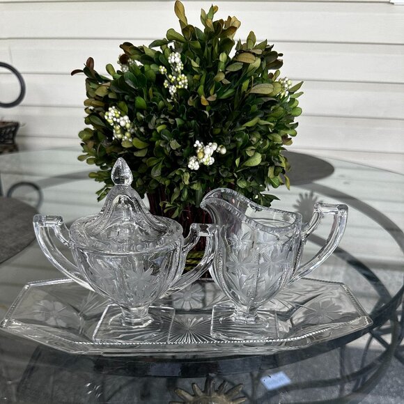 Art Deco Etched Flower Vine Glass Sugar & Creamer with Dessert Platter Set